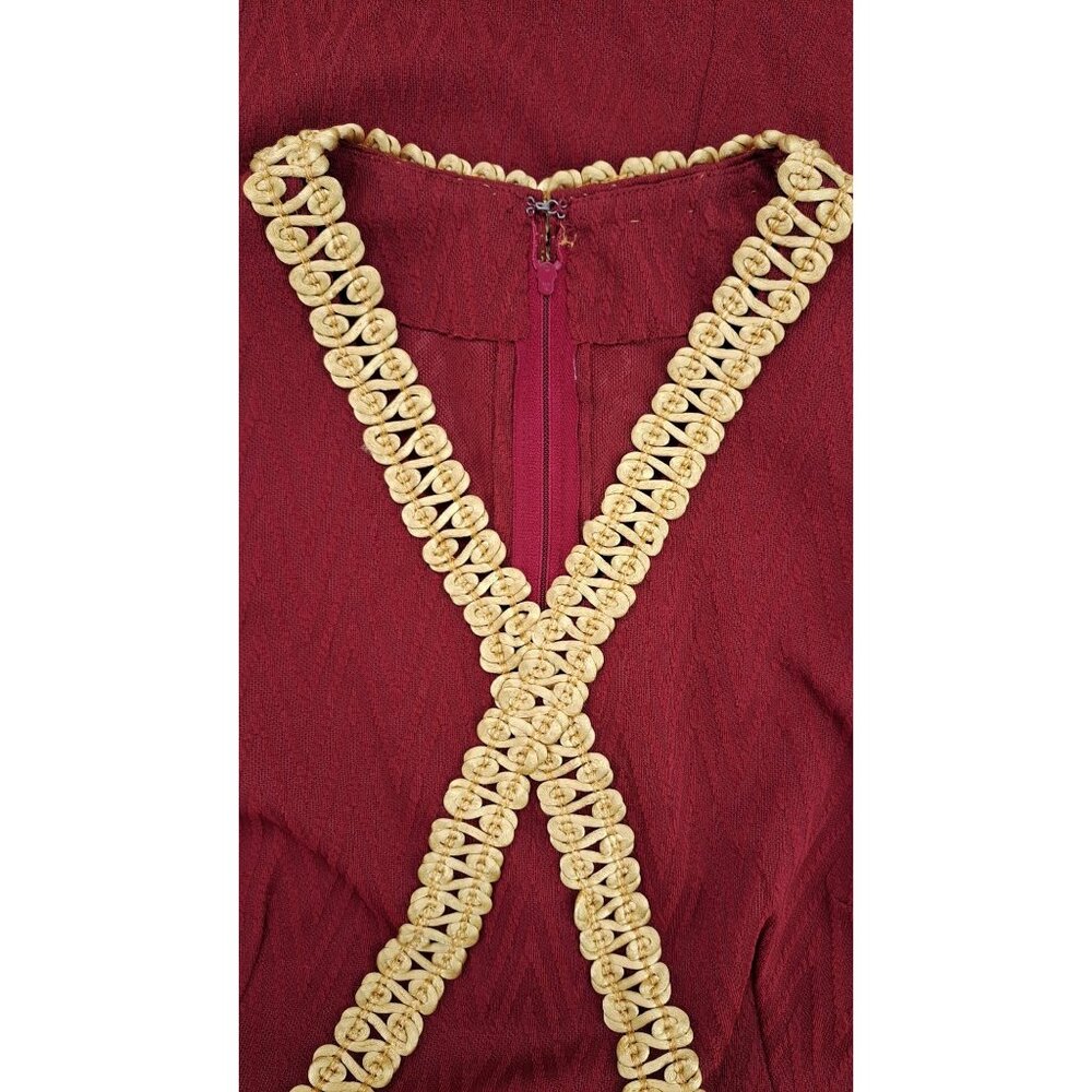 Vintage Handmade Maroon Dress Gold Gimp Trim Long Sleeve Chevron Texture Zip 70s - Picture 10 of 16